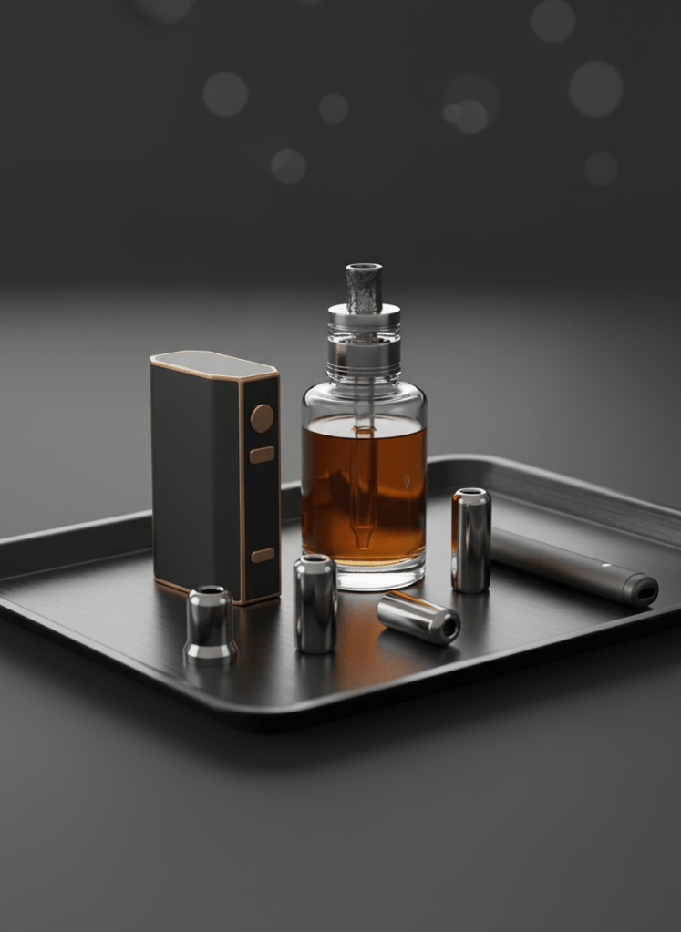A luxurious close-up of a premium vape setup displayed on a dark, brushed metal tray. In the foreground, an elegant matte-black box mod with subtle gold accents stands upright beside a crystal-clear glass e-liquid bottle filled with a rich amber liquid. Around them, a few sleek metallic pods and a minimalist puff device rest in precise alignment. Soft, diffused studio lighting from the left creates gentle reflections along the metal edges and a silky highlight on the glass, while the background fades into a smooth charcoal bokeh. Shot at eye level with a shallow depth of field, the composition feels sophisticated, clean, and modern, emphasizing the high-end nature of the vaping products in photographic realism.