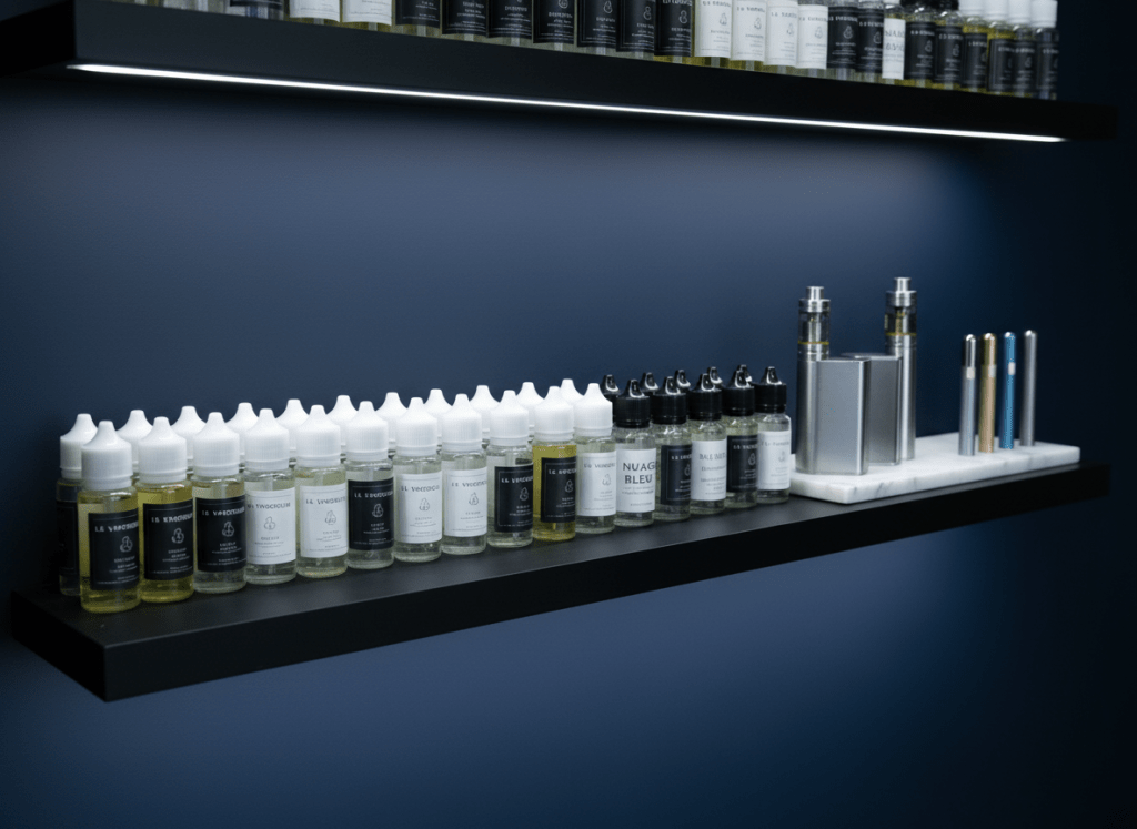 An impeccably organized premium vape bar shelf, captured in photographic realism. Multiple rows of high-end e-liquid bottles in frosted and clear glass, with minimalist black and white labels, are arranged on a floating matte-black shelf against a deep navy wall. To one side, a few brushed aluminum vape devices and refined, slim puffs stand on a small slab of polished white marble. Cool, directional lighting from above creates sharp yet elegant highlights along the bottle shoulders and metallic surfaces, casting elongated shadows downward. The scene is shot from a slightly elevated angle with a moderate depth of field, keeping the front row in sharp focus while the back gradually softens. The atmosphere is refined and boutique-like, evoking a sense of exclusivity and French-inspired sophistication.