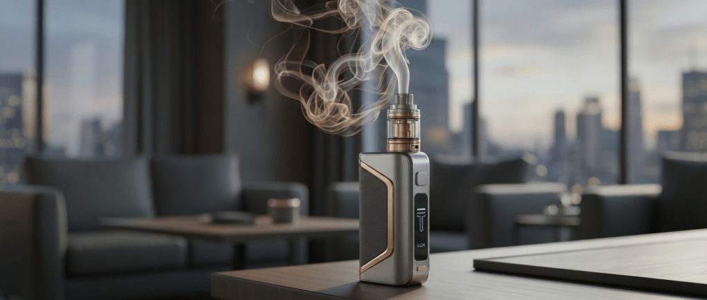 A silver and black electronic cigarette labeled LUX emitting vapor swirls on a table.