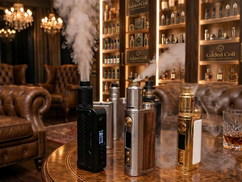 Multiple vaping devices emitting vapor on a wooden table indoors